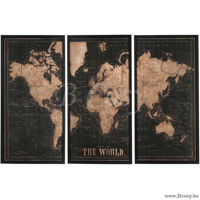 J-Line wereldkaart wanddecoratie panelen 3 luik van 3 Kaders MAP OF THE WORLD Hout Zwart-Bruin 120H <span style="font-size: 6pt;"> wereldkaarten-cartes-universelles-world-maps -of-the-world-weltkarten-landkart ...