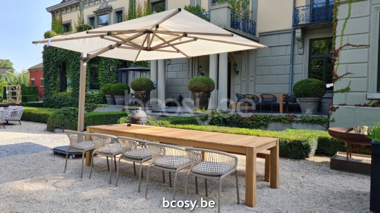 Jardinico JCP404 250B x350 Parasol Deporté Mât Cappuchino Alu Toile Pearl Sunbrella Plus Marine.