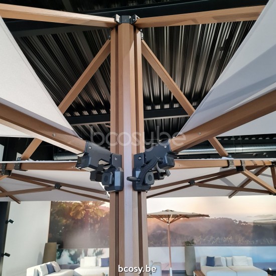 Jardinico JCP501 4x300x300 Combinaison De 4 Parasols Deportés Mât Teck Alu Toile Pearl Sunbrella Plus Marine.