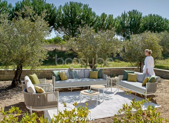 Jardinico VOLTE Bout De Canapé Table D'appoint De Jardin Emboîtée Rond Ø50 Aluminium Thermolaqué En Blanc Mat Teak.