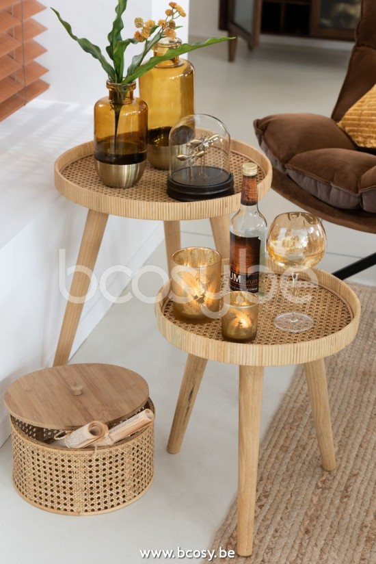 Jline Set De 2 Mesa Auxiliares Redondo Tripode Cana Natural