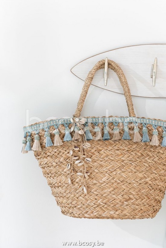 Jline Bolsa De Playa Borlas Azul Beis Cana Natural