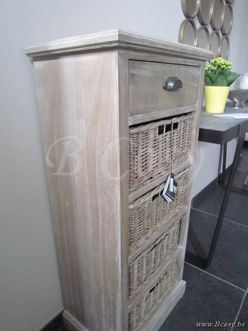 Chiffonnier En Bois Brut 1 Tiroir Et 4 Paniers Rotin 49X33X107Cm J Line Cabinet avec paniers J Line armoires avec portes Jolipa Jline Armoire 4Pan Tiroir Bs Grey W