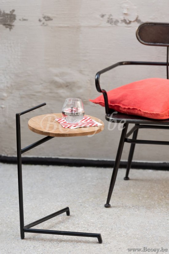 Jline Mesa Auxiliar Bistro Redonda Madera De Mango Metal Natural Negro