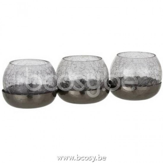 J Line Jline Jolipa 18376 Theelichthouder 3 Bol Craquele Glas Stainless Steel Zwart
