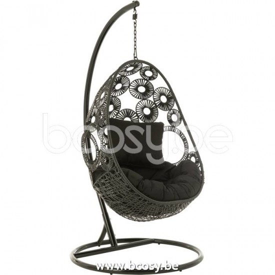 J Line 20726 Hangstoel Kussens Bula Metaal Riet Zwart L113xB103xH197 cm hangstoel hangzetel schommelstoel