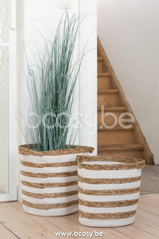 Jline Set Of 2 Baskets Striped Grass Cotton Natural White