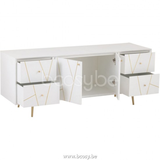 Jline Alacena Rayas 4 Cajones 2 Puertas Madera Metal Blanco Oro