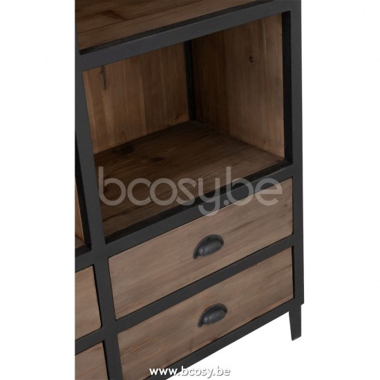 J Line Jline Bibliothek 12 Fächer 6 Schubladen Holz Metall Naturell Schwarz bibliothek buecherschrank buecherschraenke