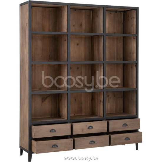 Jline Biblioteca 12 Compartimentos 6 Cajones Madera Metal Natural Negro