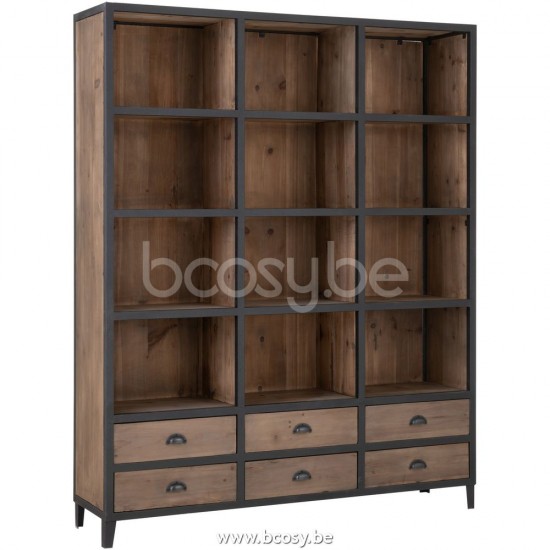 J Line 25071 Boekenkast 12 Vakken 6 Lades Hout Metaal Naturel Zwart L160xB40xH200 cm boekenkasten bibliotheek bibliotheken biblioteekkasten bibliotheekkasten