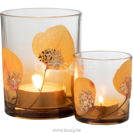 J Line Jline Tealight Holder Dried Leaf Ochre Glitter Medium tea lights holders