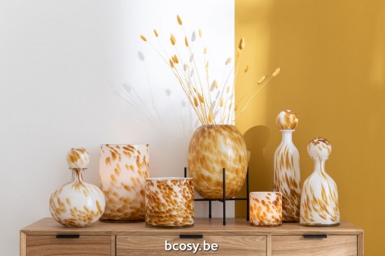 Jline Jarrón Pie Manchas Vidrio Blanco Ocre.