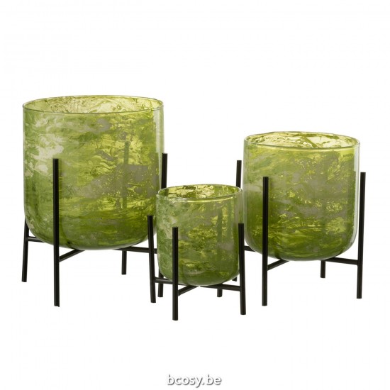 Jline Windlicht Staand Glas Ijzer Marmer Groen Large.