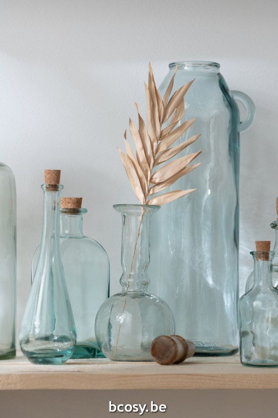 Jline Botella Redonda Tapa Larga Vidrio Madera Transparente.