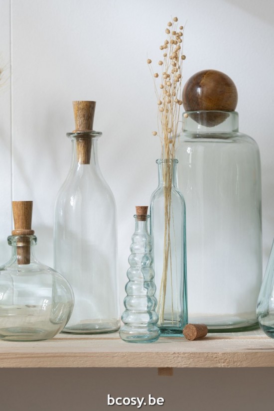 Jline Jarrón Bola Tapa Vidrio Madera Transparente.