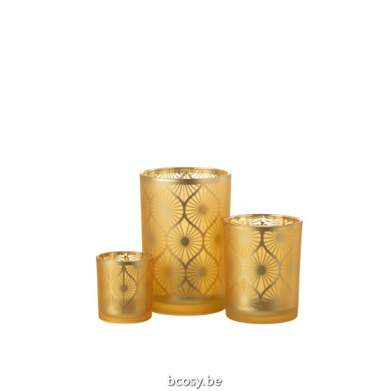 Jline Windlicht Ruit Bloemen Glas Geel Large.