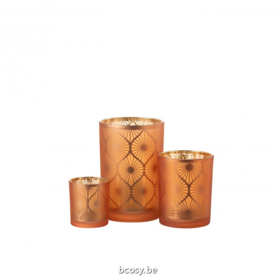 Jline Windlicht Ruit Bloemen Glas Oranje Large.