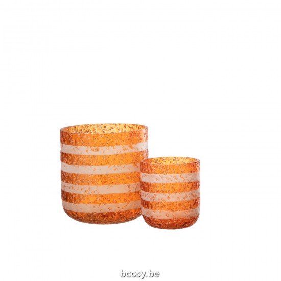 Jline Windlicht Strepen Glas Oranje Wit Large.