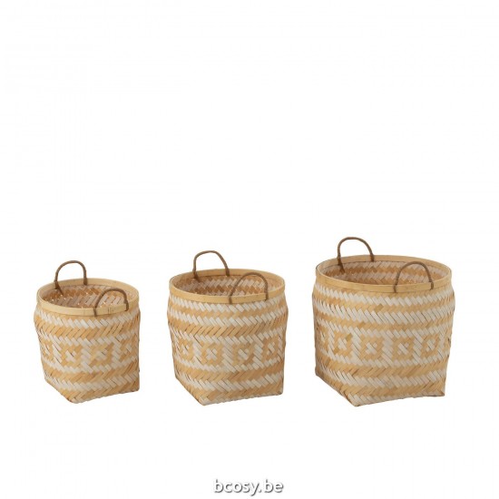 J Line paniers de rangement Jolipa Set 3 Paniers Motifs Anses Bambou Naturel Blanc.