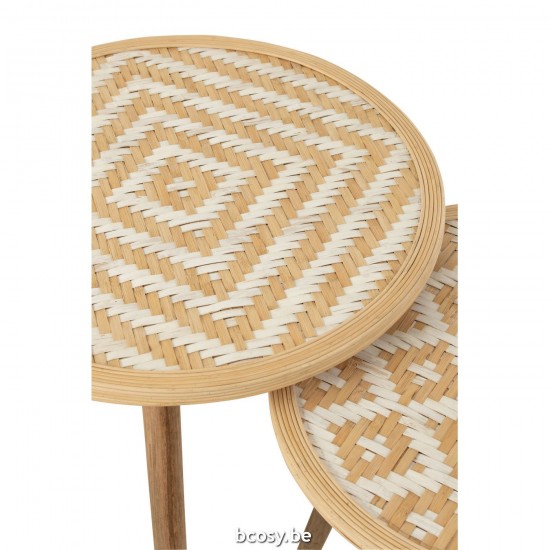 Jline Set Van 3 Bijzettafel Patronen 3 Poten Bamboe Hout Naturel Wit.