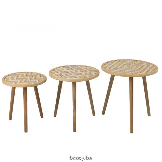 Jline Set Von 3 Beistellitische Muster 3 Beine Bambus Holz Naturell Weiß beistelltische.