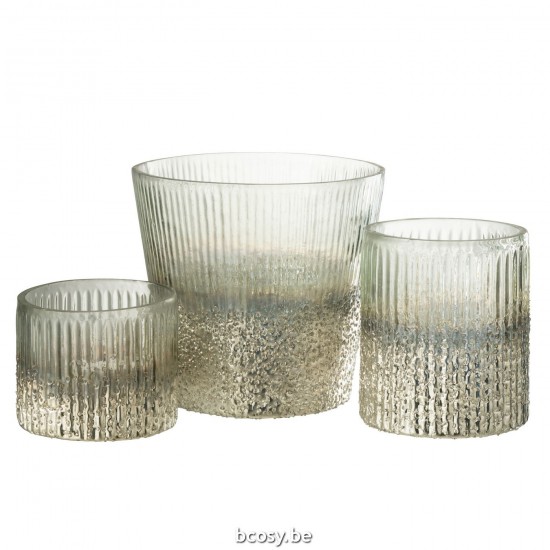 Jline Windlicht Geribbeld Glas Zilver Transparant Large.