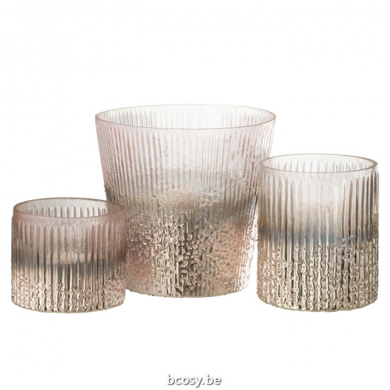 Jline Windlicht Geribbeld Glas Roze Large.