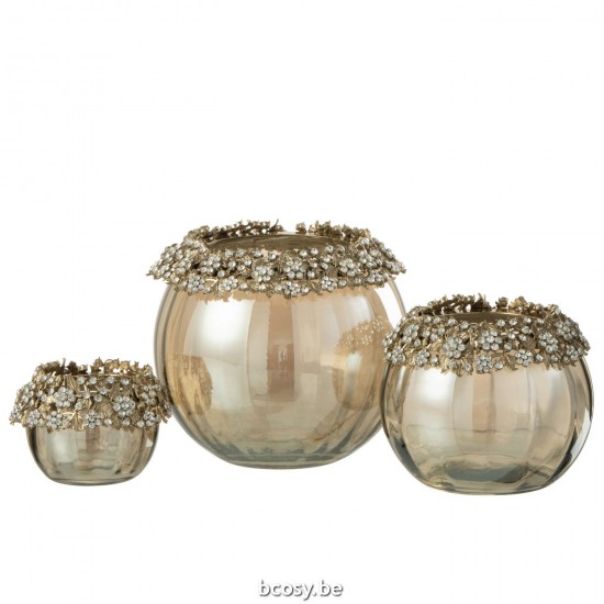 Jline Theelichthouder Volve Metaal Glas Goud Brons Large.