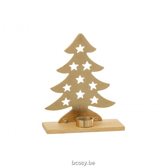 Jline Theelichthouder Kerstboom Aluminium Hout Naturel Goud Large.