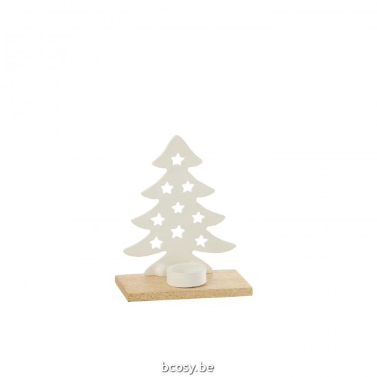 Jline Theelichthouder Kerstboom Aluminium Hout Wit Naturel Small.