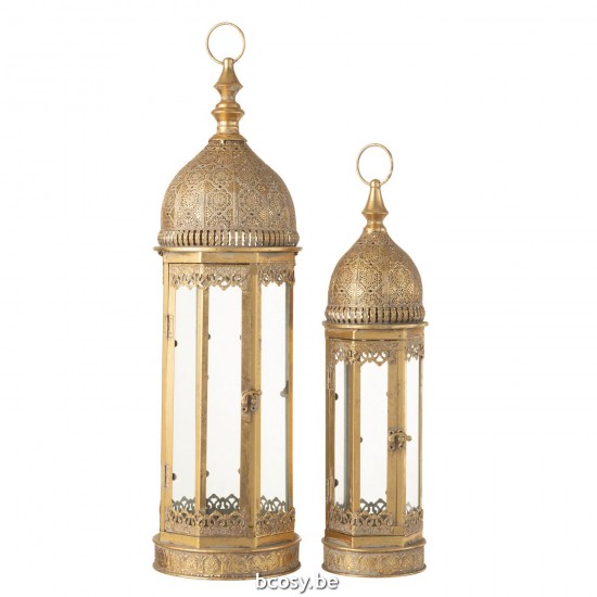 Jline Set Van Twee Lantaarns Oosters Metaal Glas Goud.