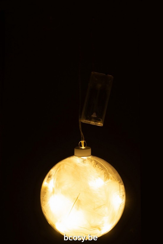 J Line boules de noel Jolipa Boule Deco Plumes Led Verre Blanc Small.