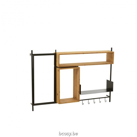 J Line Muur Kapstok Met Spiegel Tina Hout Ijzer Zwart Naturel muurkapstokken JO37805.