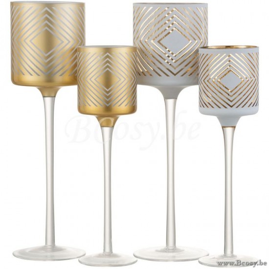 Jline Theelichthouder Op Voet Ruit Glas Wit Goud Large Assortiment Van 2.