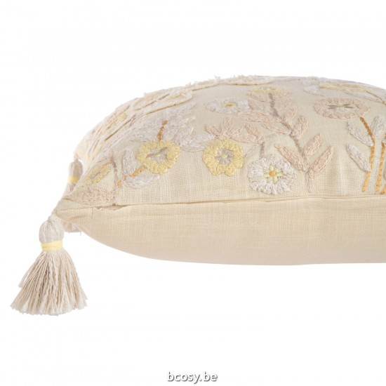 J Line coussins Jolipa Coussin Carre Fleurs Floches Coton Jaune Clair.