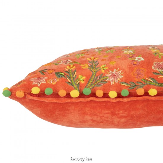 J Line coussins Jolipa Coussin Rectangle Fleurs Pompoms Velours Orange.