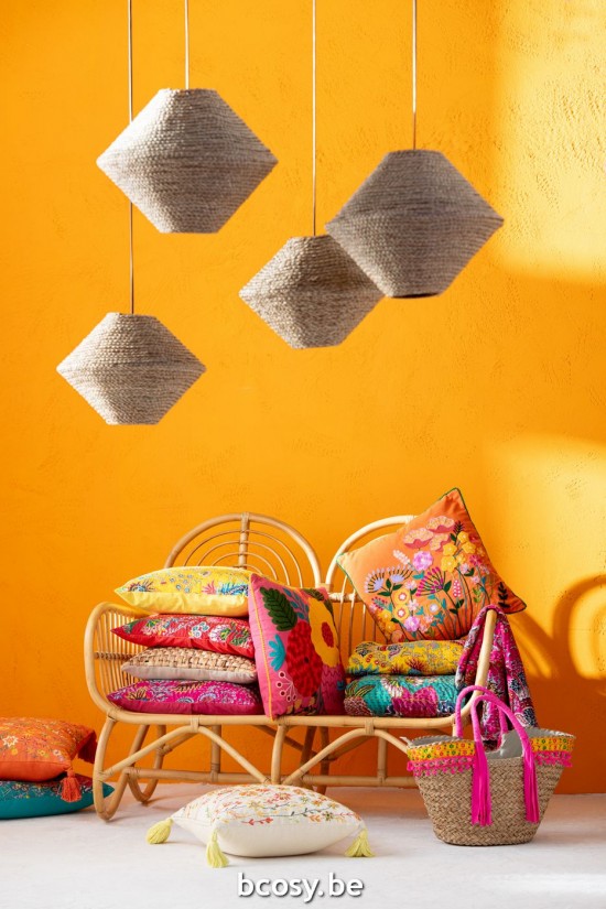 Jline Cojín Cuadrado Flores Flecos Algodón Naranja.