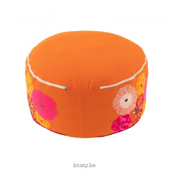 J Line poufs Jolipa Pouf Rond Fleurs Broderie Coton Polyester Orange.