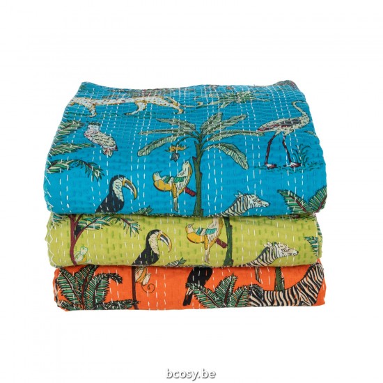 J Line Jolipa Plaid Tapis De Plage Animaux Plantes Exotiques Points De Couture Coton Vert Large.