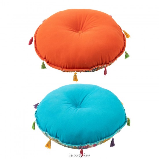 J Line poufs Jolipa Pouf Rond Plat Motifs Floches Coton Orange Bleu Assortiment De 2.