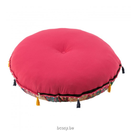 J Line poufs Jolipa Pouf Rond Plat Motifs Floches Coton Rose.