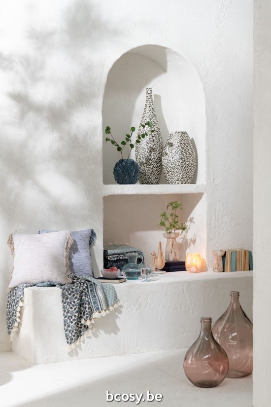 J Line Cuscino Intrecciato Semi Unito Frangia Cotone Bianco Blu Cojín Tejido Semi Plano Flecos Algodón Blanco Azul.