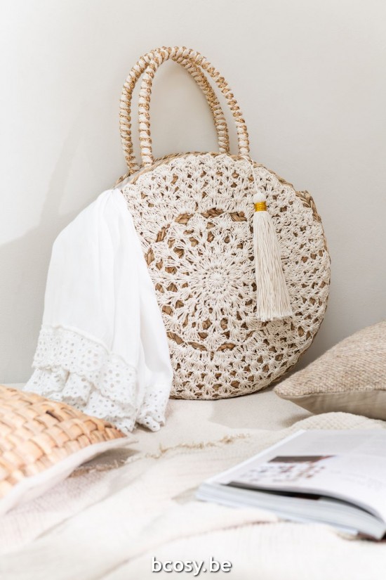 Jline Bolsa De Playa Redondo Borla Alga Marina Encaje Natural Blanco.