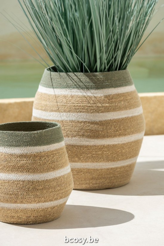 J Line Set 3 Cesti Righe Giunco Di Mare Verde Naturale Juego De 3 Cestas Rayas Alga Marina Verde Natural.