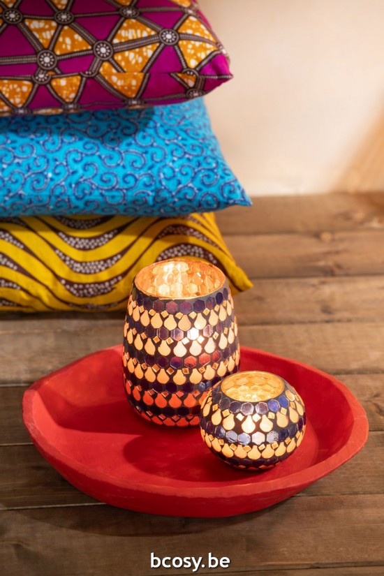 J Line Porta T Light Mosaico Goccia Vetro Arancione Blu Small Portacandelitas Mosaico Gota Vidrio Naranja Azul Small.