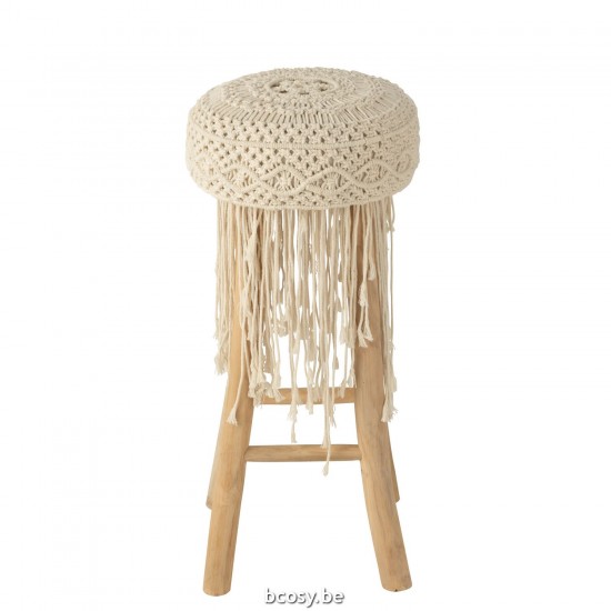 Jline Barstoel Franjes Hout Macrame Wit.