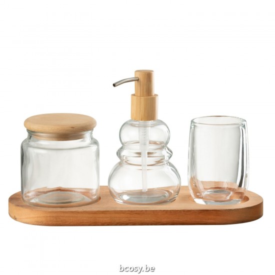 J Line bocaux avec ustensiles de cuisine Jolipa Set 4 Accessoires Salle De Bain Verre Bois Transparent.