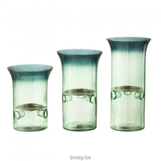 Jline Set Van Drie Kaarshouder Bord Glas Metaal Groen.