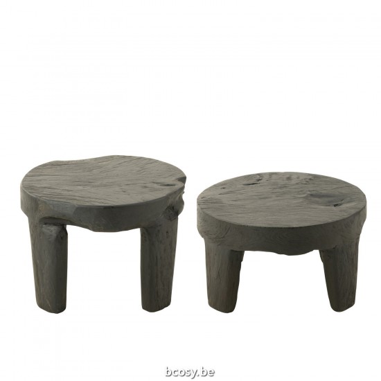 J Line S 2 Table Round Teak Wood Black nested side tables sidetables.